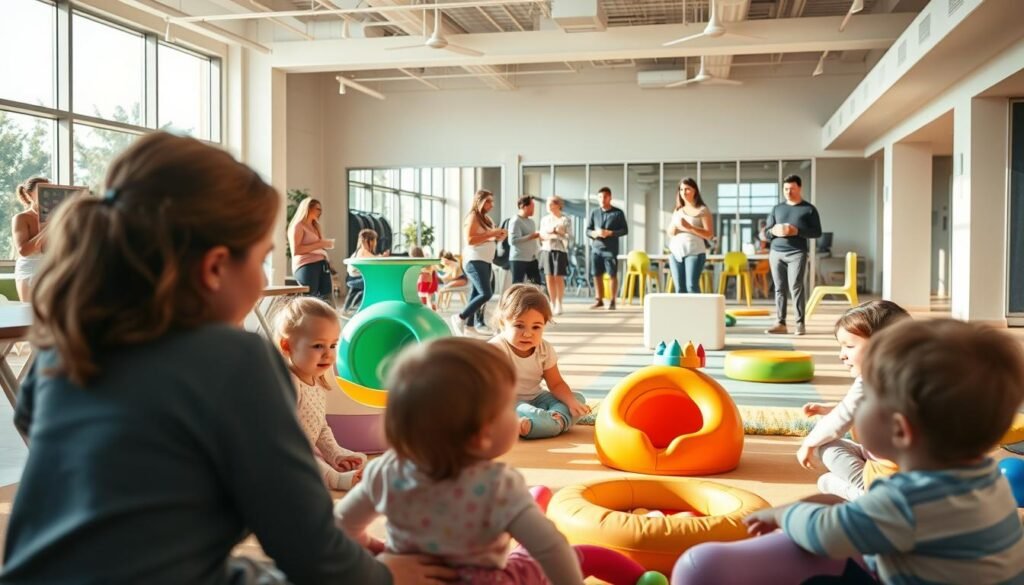 A bright, airy gym childcare space with soft play equipment, vibrant colors, and attentive caregivers. In the foreground, a group of young children engaged in imaginative play, their faces filled with joy. In the middle ground, parents and guardians watch over their little ones, sipping coffee and catching up with each other. The background showcases the gym's modern architecture, with large windows letting in natural light and a serene, calming ambiance. The lighting is warm and inviting, casting a gentle glow over the entire scene. The angle is slightly elevated, offering a panoramic view of the inviting atmosphere created for parents to exercise with the peace of mind that their children are well-cared for.