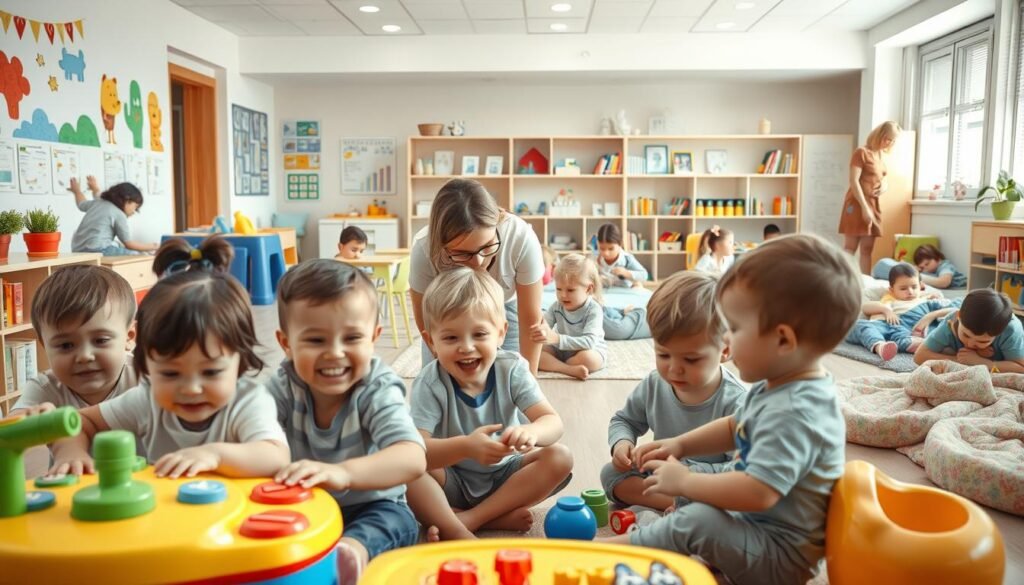 A bright, modern daycare center filled with children engaged in various activities. In the foreground, a group of toddlers are playing with interactive toys, their faces full of joy and wonder. The middle ground showcases a caregiver guiding a child through a craft project, their expressions filled with concentration. In the background, older children are reading books, building blocks, and napping on cozy mats, all under the watchful eye of attentive staff. The atmosphere is warm, welcoming, and filled with the vibrant energy of early childhood. Soft, diffused lighting casts a gentle glow, and the room is decorated with colorful murals, educational posters, and cheerful décor. This image conveys the sense of a nurturing, stimulating environment where children's needs are thoughtfully attended to.