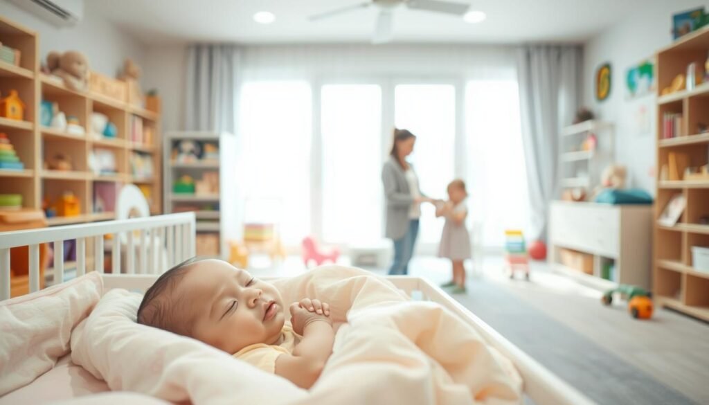 A brightly lit daycare center with a welcoming, warm atmosphere. In the foreground, an infant resting peacefully in a cozy crib, surrounded by soft, pastel-colored bedding. In the middle ground, a caregiver tenderly interacting with a toddler, guiding them through a simple activity. The background features an array of educational toys, books, and age-appropriate play equipment, all designed to stimulate and enrich the children's development. The lighting is soft and diffused, creating a serene, nurturing environment. The overall scene conveys the care, attention, and financial investment required to provide high-quality infant and toddler daycare.