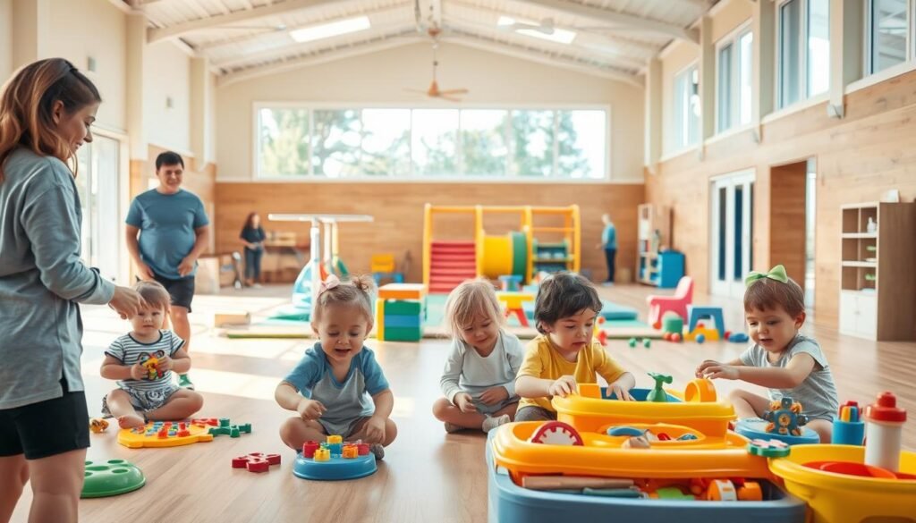 A brightly lit, spacious gym childcare area with a cozy, welcoming atmosphere. In the foreground, a group of happy, engaged children playing with an assortment of colorful toys and games, supervised by attentive, nurturing caregivers. In the middle ground, an open play space with padded mats and climbing structures, encouraging physical activity and exploration. The background features large windows letting in natural light, creating a warm, inviting ambiance. The overall scene conveys a sense of safety, fun, and a child-centric focus, catering to the needs of both parents and their little ones.