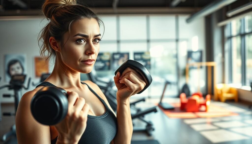 A busy mother efficiently navigating her gym routine, focused and determined. In the foreground, a woman in athletic wear confidently grips a dumbbell, sweat glistening on her brow. The middle ground features a sleek, modern gym interior with cutting-edge equipment and motivational posters. In the background, a childcare area comes into view, creating a sense of balance between self-care and family responsibilities. Soft, warm lighting and a clean, minimalist aesthetic convey a sense of calm control amidst the chaos of daily life. The composition emphasizes the woman's poise and determination, capturing the essence of time management for busy parents at the gym.