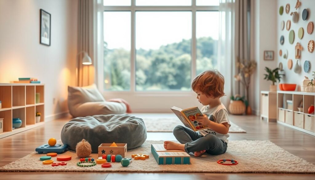 A calming daycare scene, featuring a cozy reading nook with plush beanbags and soft lighting. In the foreground, a young child sits cross-legged, engaged with a touchable sensory book. Nearby, a collection of tactile toys and fidget tools are neatly organized, inviting exploration. The middle ground showcases a tranquil sensory wall, with soothing textures and colors that create a serene atmosphere. In the background, a large window overlooks a lush, natural landscape, bringing the outdoors in. The lighting is warm and gentle, conveying a sense of safety and comfort. The overall mood is one of relaxation and mindfulness, designed to ease a child's anxiety during daycare drop-off.