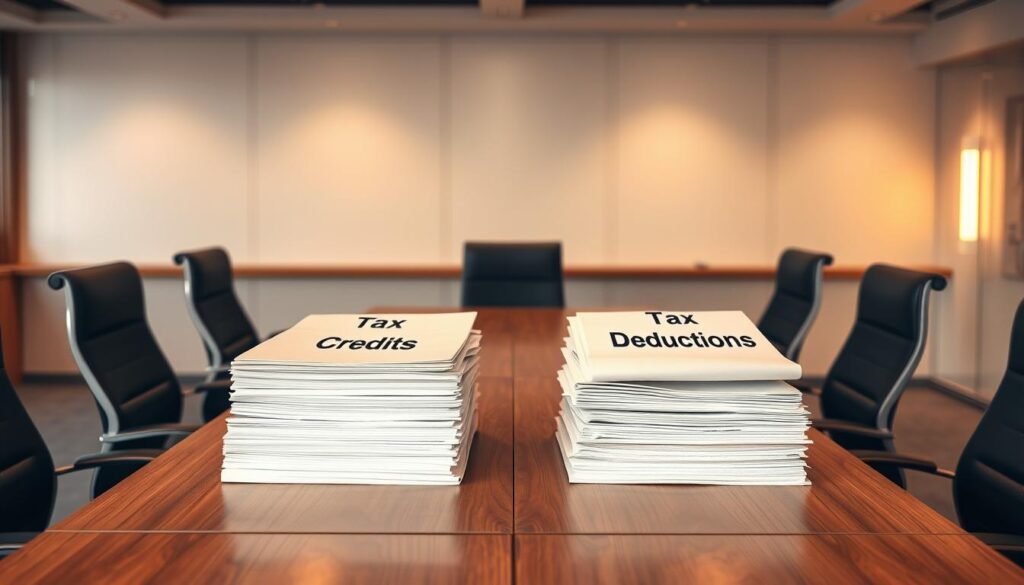 A clean, modern office setting with a large desk and ergonomic chairs. On the desk, place two stacks of documents or ledgers - one representing "Tax Credits" and the other "Tax Deductions". Use warm, directional lighting to create a sense of depth and highlight the contrast between the two financial concepts. The background should feature a clean, minimalist wall with a subtle grid pattern or geometric shapes to evoke a sense of organization and structure. Capture the scene from a slightly elevated, three-quarter angle to convey a sense of professionalism and authority.