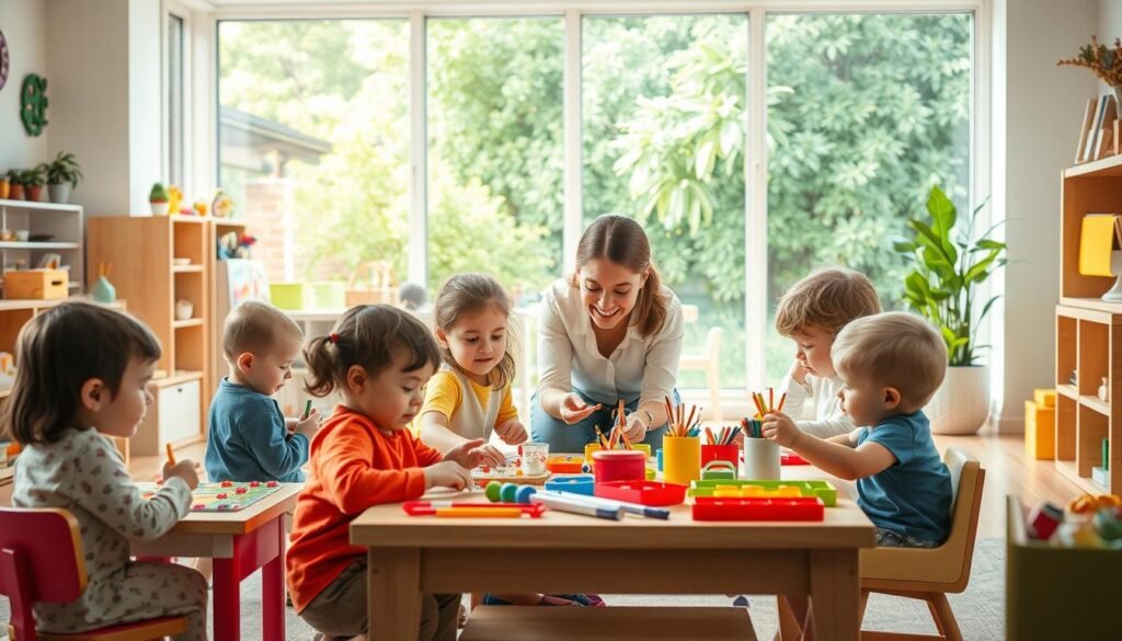 A cozy and nurturing early childhood education program, set in a bright and airy classroom filled with colorful educational toys, arts and crafts supplies, and child-sized furniture. In the foreground, a group of young children engage in various hands-on learning activities, their faces filled with wonder and excitement. The middle ground features a teacher guiding the children, promoting intellectual and social development through interactive lessons. The background depicts a large window overlooking a lush, verdant outdoor play area, where children can explore and discover the natural world. Warm, diffused lighting creates a welcoming atmosphere, and the overall scene conveys a sense of curiosity, creativity, and the joy of learning.