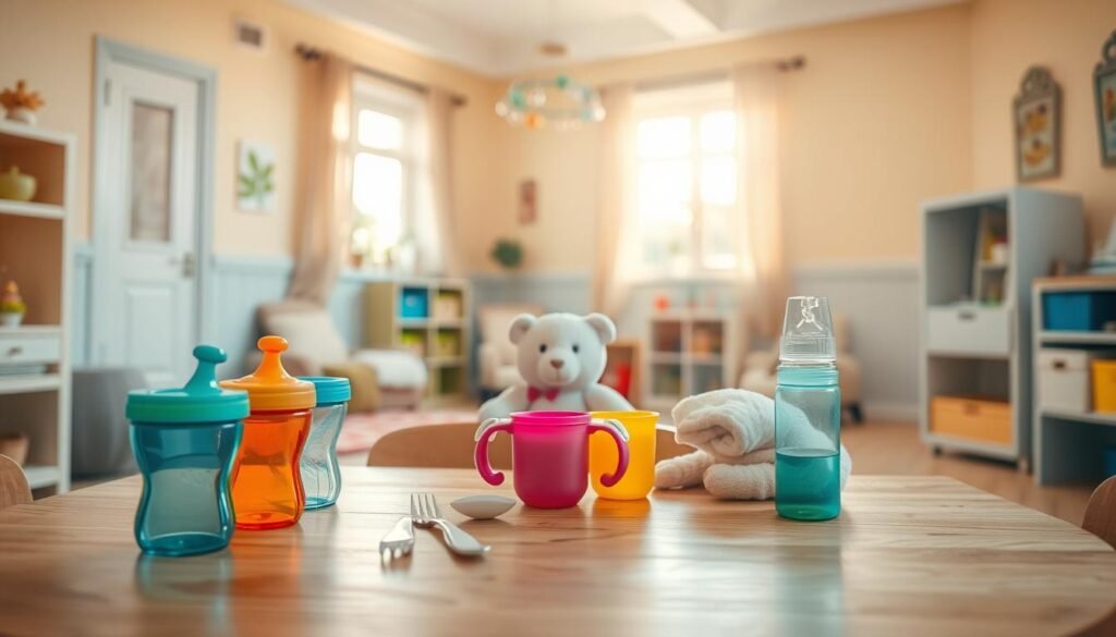 A cozy daycare setting with a warm, natural lighting. In the foreground, neatly arranged on a wooden table, are feeding essentials - colorful sippy cups, baby bottles, and utensils. In the middle ground, a plush stuffed animal and a soft, inviting blanket sit ready to provide comfort and security. The background features inviting pastel-colored walls, a cheerful mobile hanging from the ceiling, and a window that lets in the gentle glow of the sun. The overall atmosphere is one of nurturing, safety, and care, perfectly suited for the "Feeding, Health, and Comfort Essentials" section of the article.