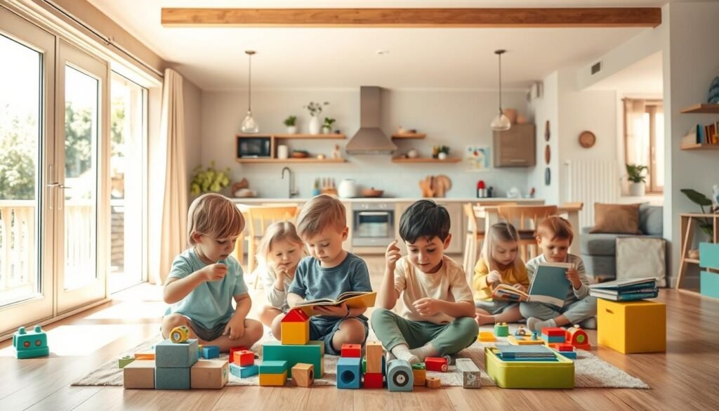 A cozy home interior with a bright, sun-lit playroom. In the foreground, a group of young children engaged in imaginative play, building blocks, reading books, and interacting with educational toys. In the middle ground, a caring adult supervises and guides their activities. The background features an open-concept kitchen and living area, where a parent is preparing a healthy meal, symbolizing the comprehensive care and nurturing environment of a daycare setting. Warm, muted tones create a sense of comfort and security, while the dynamic poses and expressions of the children convey the vibrant energy of child development.