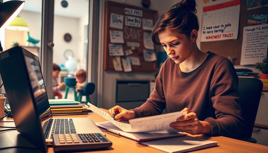A cozy home office, warm lighting casts a soft glow. On the desk, a laptop, a calculator, and a stack of colorful folders - the tools of the childcare budgeting journey. In the foreground, a young parent meticulously reviewing receipts and spreadsheets, brow furrowed in concentration. Behind them, a corkboard covered in scribbled notes, a calendar tracking expenses, and inspirational quotes about saving money. Through the window, a glimpse of a child's playroom, filled with toys and laughter, a reminder of the motivations behind this careful financial planning. The atmosphere is one of determination, resourcefulness, and the hope of providing the best care within a thoughtful budget.
