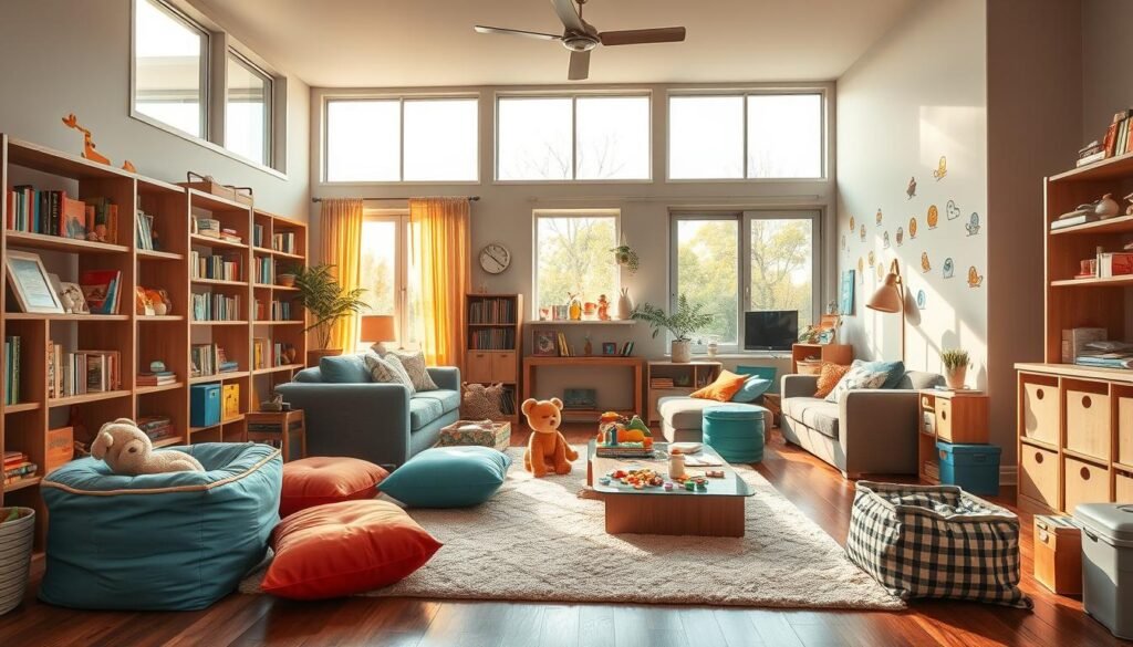 A cozy, inviting home interior with child-friendly modifications. Colorful, soft-textured furniture and cushions scattered across the living room, creating a welcoming play area. Shelves lined with age-appropriate books and toys, encouraging learning and exploration. Large windows flooding the space with warm, natural light, giving it an airy, open feel. Low, rounded corners on tables and cabinets, ensuring a safe environment for little ones. Playful wall decals or murals depicting whimsical scenes, sparking imagination. A plush, patterned rug covering the hardwood floor, providing a comfortable surface for crawling and lounging. Strategically placed storage bins and organizers, keeping the space tidy and clutter-free.