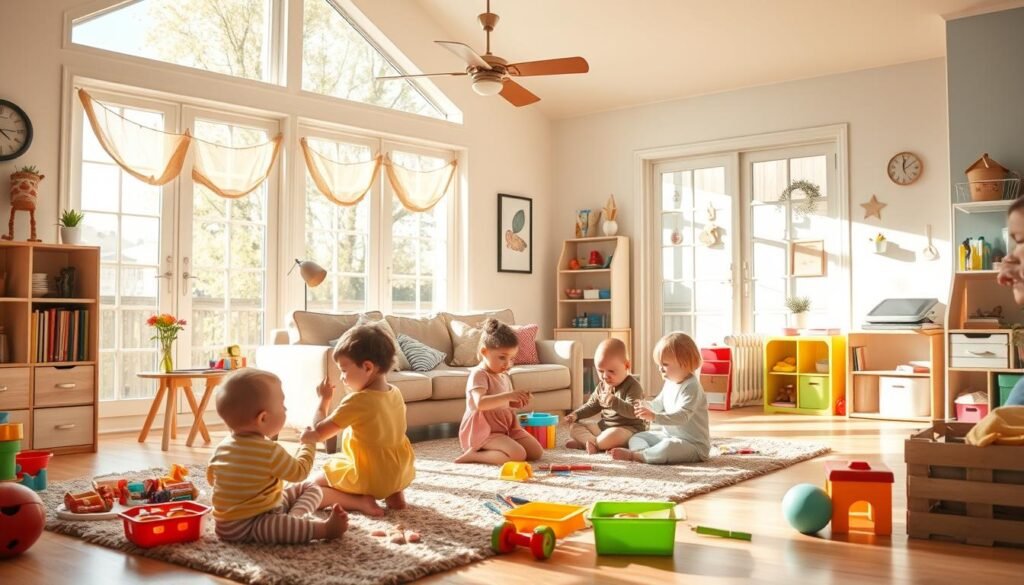A cozy, sun-drenched in-home day care, with a playful, nurturing atmosphere. In the foreground, a group of young children engaged in imaginative play, surrounded by vibrant toys and educational materials. The middle ground features a warm, inviting living room setting, with plush rugs, comfortable furniture, and large windows that flood the space with natural light. The background showcases a well-organized, colorful play area, complete with art supplies, books, and a playhouse. The overall scene conveys a sense of safety, creativity, and a budget-friendly, homely environment for quality childcare.