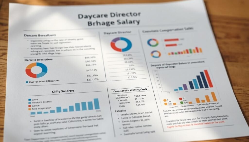 A detailed breakdown of a daycare director's salary, showcased on a crisp, clean document. A sleek, minimalist layout with well-organized sections, infographics, and charts highlighting the various components of the director's compensation package. Soft, even lighting casts a professional tone, while a subtle depth of field draws the eye to the key information. The overall aesthetic is modern, polished, and easy to comprehend, reflecting the in-depth analysis of the daycare director's earnings.
