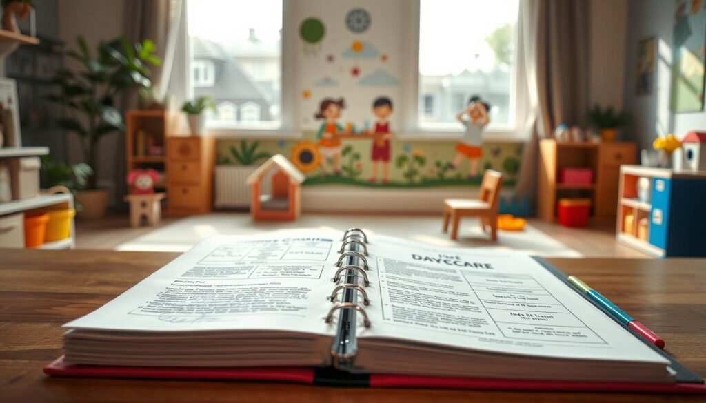 A detailed business plan for a cozy home daycare, illuminated by soft natural light filtering through large windows. In the foreground, a neatly organized binder with handwritten notes and colorful tabs. Behind it, a thoughtfully designed floor plan with child-friendly play areas and safe zones. In the background, a cheerful mural depicting happy children at play, complemented by educational toys and learning resources. The overall mood is one of meticulous planning, warm inviting atmosphere, and a focus on providing exceptional care for young minds.
