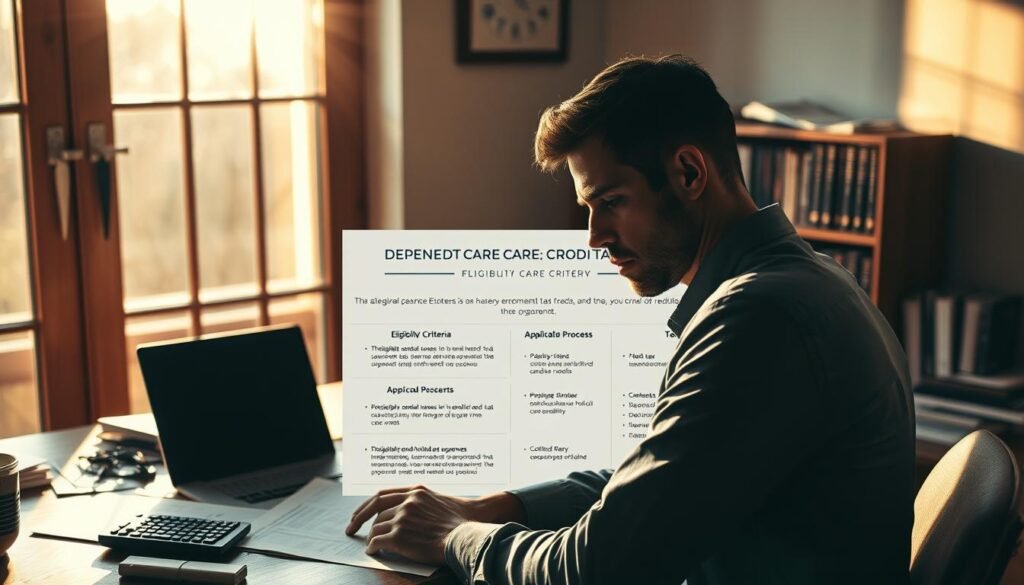 A dimly lit home office with a laptop, calculator, and scattered papers on a wooden desk. Sunlight streams in through a window, casting long shadows. In the foreground, a man sits deep in thought, brow furrowed as he reviews tax documents. The middle ground features an informative infographic explaining eligibility criteria for the dependent care credit, its benefits, and the application process. In the background, a bookshelf with accounting and tax reference books. The overall mood is one of contemplation and research, as the man seeks to understand the complex tax regulations surrounding childcare expenses.