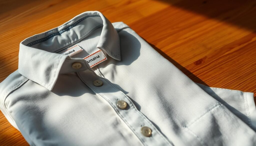 A neatly folded shirt rests on a wooden surface, its collar carefully oriented to showcase a vibrant clothing label. The label features a clean, modern design with bold typography and a subtle pattern, artfully placed to highlight its informative purpose. Warm, natural lighting casts gentle shadows, accentuating the tactile quality of the fabric and the crisp, professional presentation of the label. The composition emphasizes the strategic placement of the label, striking a balance between functionality and aesthetic appeal, as if to demonstrate the optimal approach for effective labeling in a daycare setting.