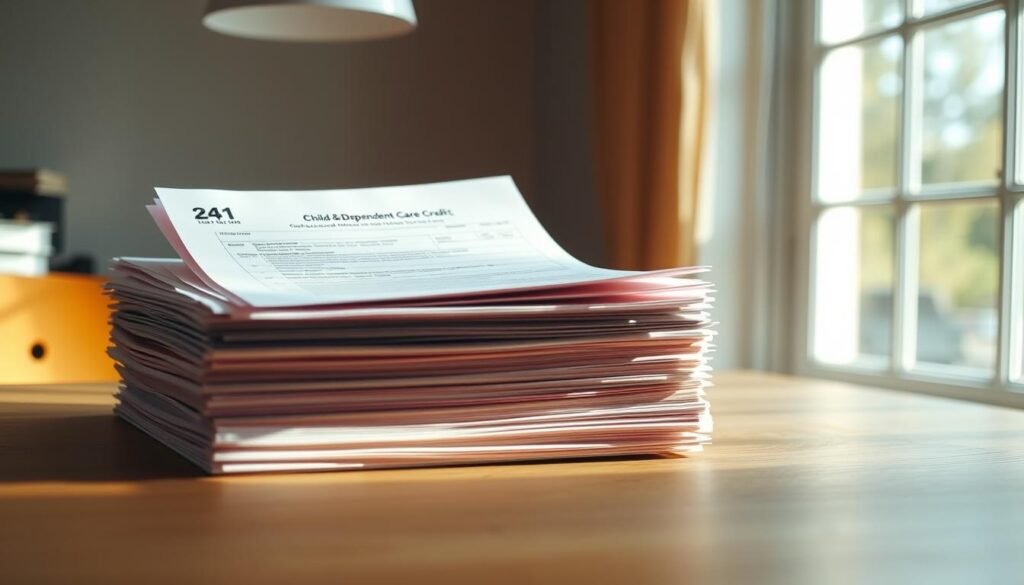 A neatly organized stack of tax documents, including Form 2441 for the Child and Dependent Care Credit, sits on a clean wooden desk. The documents are illuminated by soft, diffused lighting from an overhead source, casting subtle shadows. The desk is positioned in front of a large window, allowing natural light to filter in and create a warm, inviting atmosphere. The scene conveys a sense of order and attention to detail, reflecting the importance of accurately claiming childcare-related tax deductions.