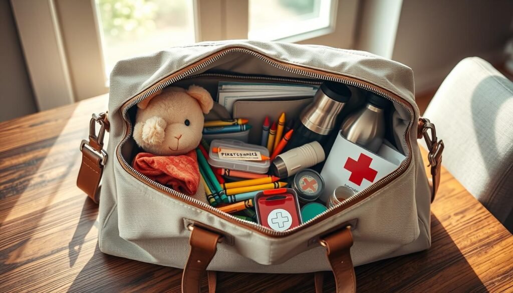 A neatly organized weekday bag sits on a wooden table, the morning sunlight streaming in through a nearby window. Inside, an assortment of daycare essentials are artfully displayed - a spare change of clothes, a soft plush toy, colorful crayons and a sketchpad, a stainless steel water bottle, a small first-aid kit, and a few healthy snacks in reusable containers. The bag's exterior is a neutral-toned canvas, complemented by a sturdy zipper and leather straps. The overall scene conveys a sense of preparedness, simplicity and care - everything a parent needs for a smooth daycare drop-off.