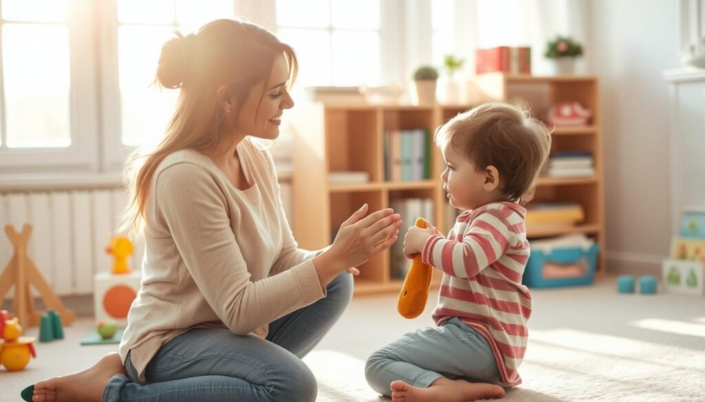 A playroom setting with a mother and child engaged in roleplay separation strategies. Soft morning light streams through large windows, casting a warm, gentle glow. The mother kneels at eye level, gently reassuring the child as they practice goodbye rituals - a hug, a kiss on the cheek, a favorite toy to hold. The child's expression is one of apprehension, but the mother's calm, patient demeanor helps soothe their anxiety. In the background, educational toys and books suggest a nurturing, supportive environment. The composition emphasizes the connection between the parent and child, conveying the care and wisdom needed to overcome separation challenges.