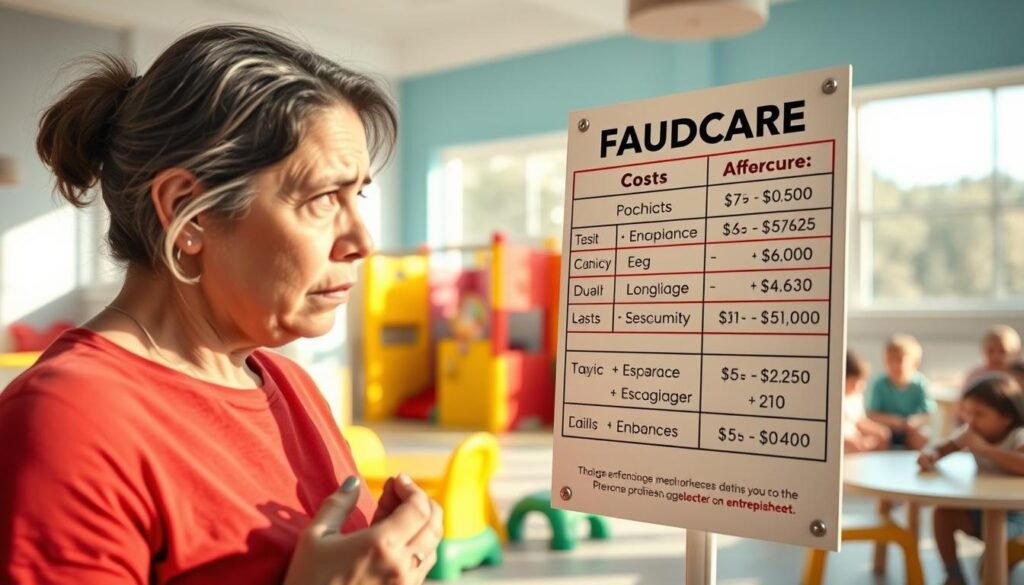 A serene, sun-dappled daycare setting with a prominent sign displaying the costs and quality levels of various childcare options. In the foreground, a worried parent carefully examines the options, weighing the trade-offs between affordability and high-quality care. The background features a vibrant, colorful play area with smiling children engaged in enriching activities, conveying the importance of striking the right balance between budget and child development. The lighting is soft and natural, lending a warm, inviting atmosphere to the scene. Captured with a wide-angle lens to emphasize the depth and complexity of the decision-making process facing the parent.