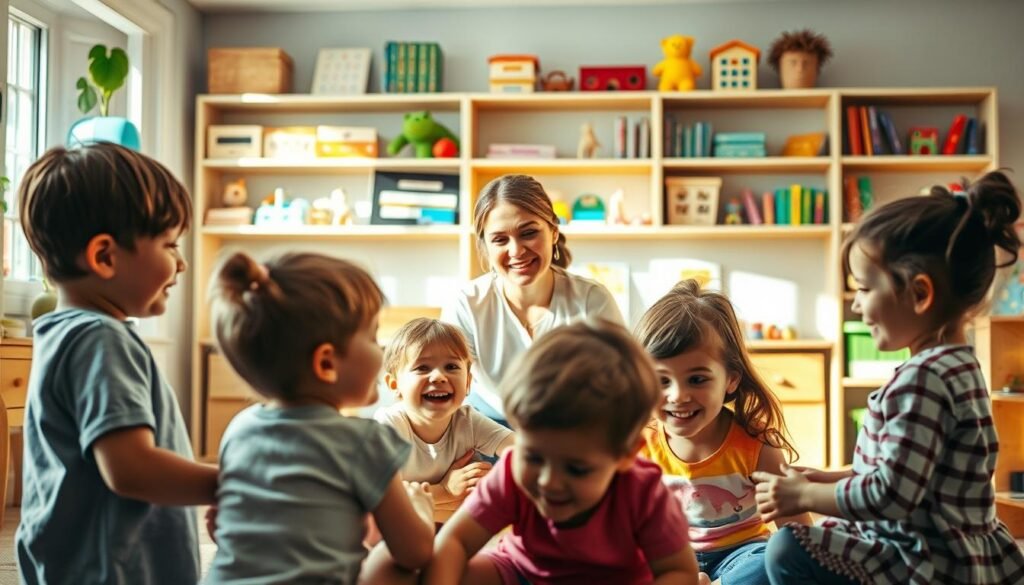 A serene, well-appointed daycare classroom bathed in warm, natural lighting. In the foreground, a group of young children engaged in imaginative play, their faces alight with joy and wonder. The middle ground features a dedicated teacher guiding them, her expression radiating patience and care. In the background, shelves brimming with educational toys, books, and thoughtfully curated learning materials convey a nurturing, stimulating environment. The overall scene exudes a sense of safety, comfort, and the highest standards of early childhood education.