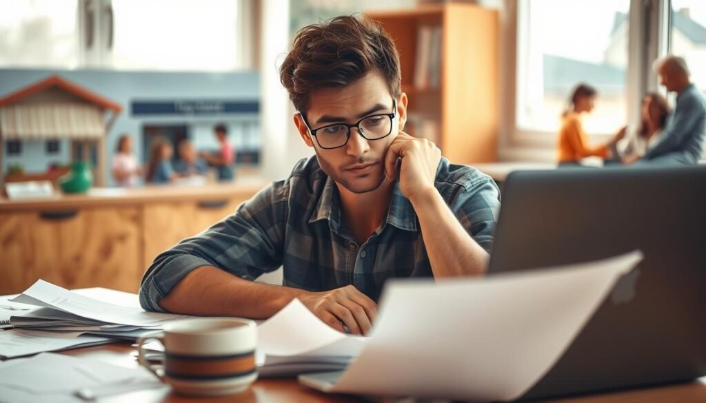 A thoughtful parent sits at a desk, deeply engaged in the decision-making process. Warm, natural lighting bathes the scene, creating a contemplative atmosphere. Scattered papers, a laptop, and a cup of coffee suggest the analytical nature of the task at hand. The parent's expression is one of careful consideration, brow furrowed as they weigh the pros and cons of childcare options. In the background, blurred images of a daycare, a nanny, and a family member hint at the alternatives being evaluated. This scene captures the intricate balance of emotions, practicality, and personal values that go into the child care decision-making process.