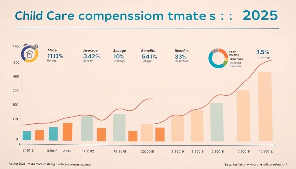 A vibrant, data-driven visualization of child care compensation trends in 2025. A professional-looking graph or chart that showcases key metrics like average salaries, benefits, and industry growth projections. The visualization should have a clean, modern aesthetic with a neutral color palette, crisp typography, and clear data visualization elements. The overall mood should be informative and forward-looking, reflecting the dynamic nature of the child care industry's evolving landscape. Captured with a wide-angle lens from a slightly elevated perspective to provide an comprehensive overview of the data points.