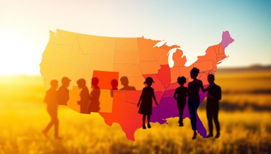 A vibrant map of the United States, depicting geographic variations in child care salaries. The foreground showcases a detailed heat map, with a gradient of colors representing different pay scales for daycare directors across the country. The middle ground includes silhouettes of families and children, symbolizing the impact of these regional wage disparities. The background features a softly blurred landscape, highlighting the diversity of environments where these child care professionals work. Warm, natural lighting illuminates the scene, creating a sense of depth and atmosphere. The overall composition conveys the importance of location-based factors in shaping the compensation for this essential occupation.
