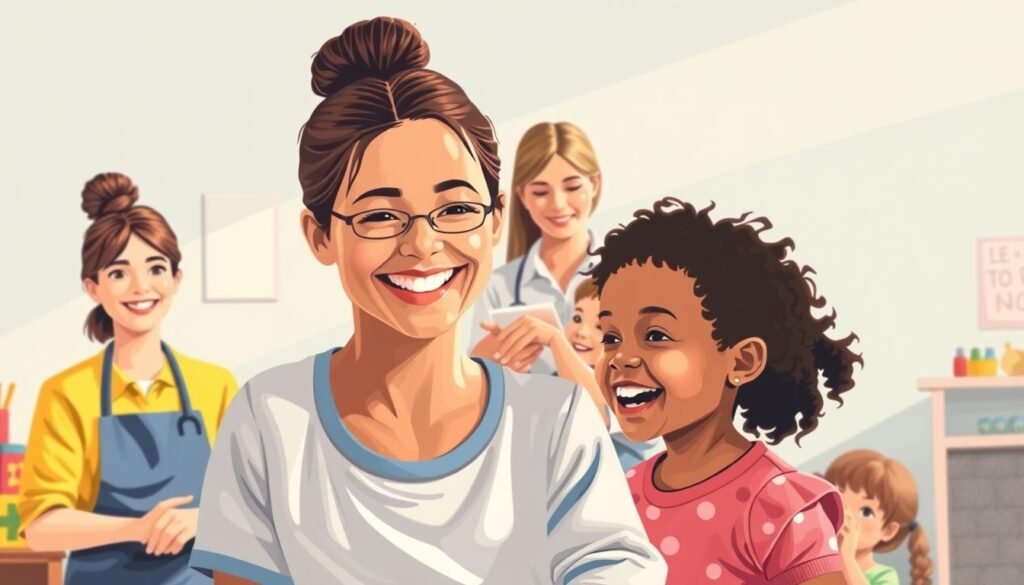 A vibrant progression of childcare career pathways, captured in a dynamic illustration. In the foreground, an enthusiastic daycare worker interacts with smiling children, showcasing the foundational role of entry-level positions. The middle ground features a lead teacher guiding a group of toddlers, highlighting the growth into more specialized, supervisory roles. In the background, a director oversees the operation, reflecting the advanced management responsibilities of senior-level jobs. Warm, natural lighting illuminates the scene, conveying a sense of nurturing and professionalism. The composition is designed to inspire and guide aspiring childcare professionals, capturing the enriching journey from initial involvement to impactful leadership.