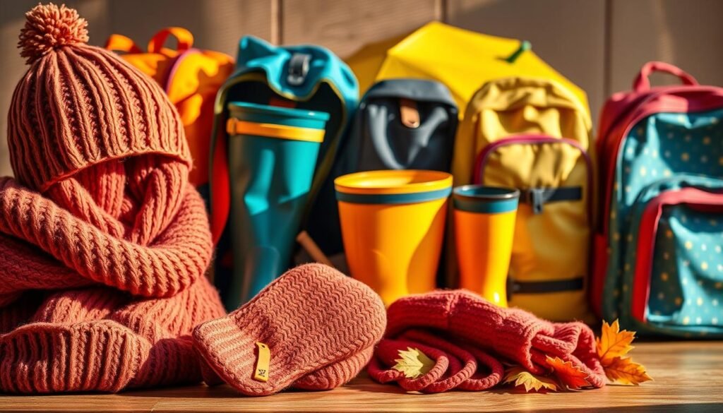 A vibrant still life of seasonal essentials for daycare, captured in warm, natural lighting. In the foreground, a cozy knit scarf, mittens, and a wooly hat in autumnal hues. In the middle ground, rain boots, a rain jacket, and an umbrella, all in cheerful primary colors. In the background, a lineup of sturdy, multi-purpose backpacks in various patterns and materials. The overall composition evokes a sense of preparedness and joy, ready to take on the changing weather and outdoor adventures of the daycare experience.