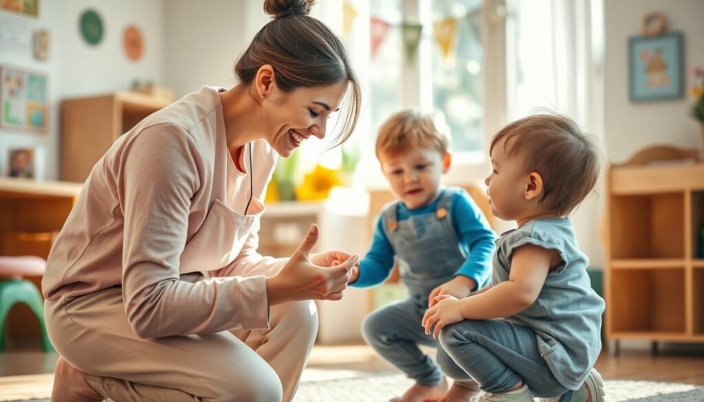 A warm and inviting daycare setting, with a caring daycare provider kneeling at eye-level to engage with a child. The provider's expression is gentle and attentive, as they share a special moment of connection, perhaps through a simple gesture like holding the child's hand or offering a comforting smile. Soft natural lighting filters in, creating a serene, nurturing atmosphere. The background features cheerful, child-friendly decor, hinting at the welcoming environment. The composition emphasizes the bond between the provider and child, conveying the importance of developing strong relationships during the daycare drop-off experience.