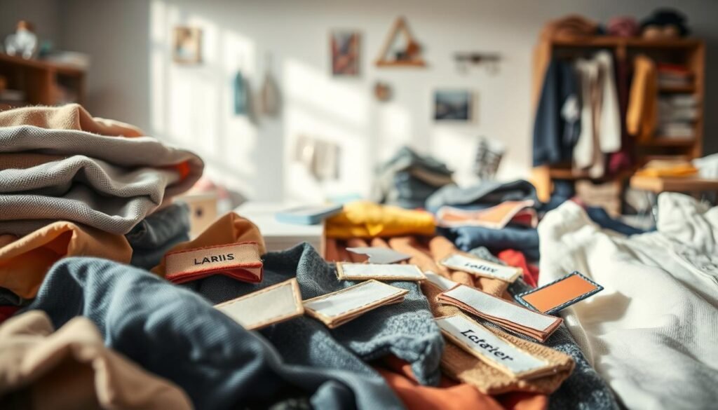 A well-lit, detailed scene of various handmade textile labels for clothing. In the foreground, an assortment of different fabrics, textures, and colors are displayed, with tags and labels expertly sewn or pinned onto them. The middle ground showcases a sewing machine, scissors, and other DIY tools used to craft these personalized labels. The background has a clean, minimalist workspace with natural lighting filtering in, creating a warm, inviting atmosphere. The overall composition highlights the craftsmanship and customizable nature of these homemade labeling solutions, suitable for a daycare setting.