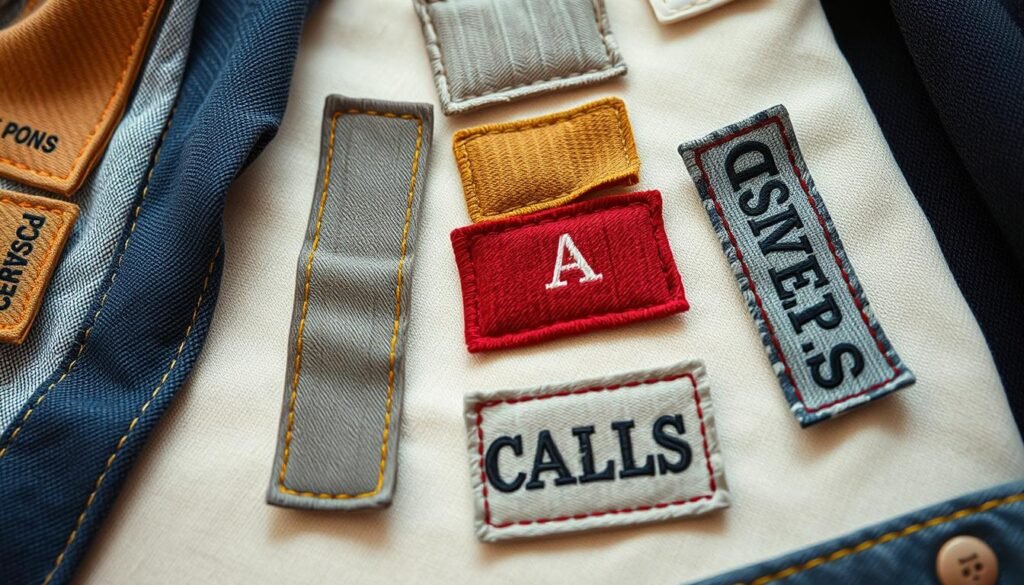 A well-lit, high-resolution close-up photograph of an assortment of fabric labeling materials, including woven labels, iron-on patches, and embroidered tags in various colors and textures. The items are arranged neatly on a clean, off-white background, with the focus on the intricate details and materials used in their construction. The lighting is soft and diffused, highlighting the texture and sheen of the fabrics. The image conveys a sense of organization, quality, and the care that goes into choosing the right labeling materials for clothing.