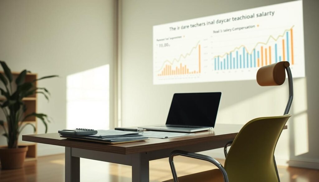 A well-lit office interior with a desk, chair, and laptop. On the desk, a stack of papers and a calculator, symbolizing financial calculations. In the background, a series of charts and graphs projected on the wall, depicting economic trends and statistics related to daycare worker salaries. Soft, natural lighting filters through large windows, creating a contemplative atmosphere. The overall scene conveys a sense of analysis and consideration of the economic factors shaping daycare teacher compensation.