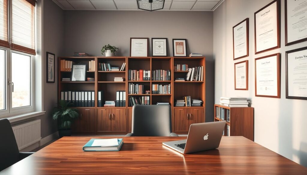 A well-lit office interior, with a large wooden desk taking center stage. On the desk, a laptop, a stack of folders, and a pen holder. Bookshelves line the walls, filled with business management books and binders. Framed certificates and diplomas hang on the walls, showcasing the daycare operator's expertise. A large window in the background lets in natural light, illuminating the room. The overall atmosphere is professional and organized, reflecting the efficient management of the daycare business.