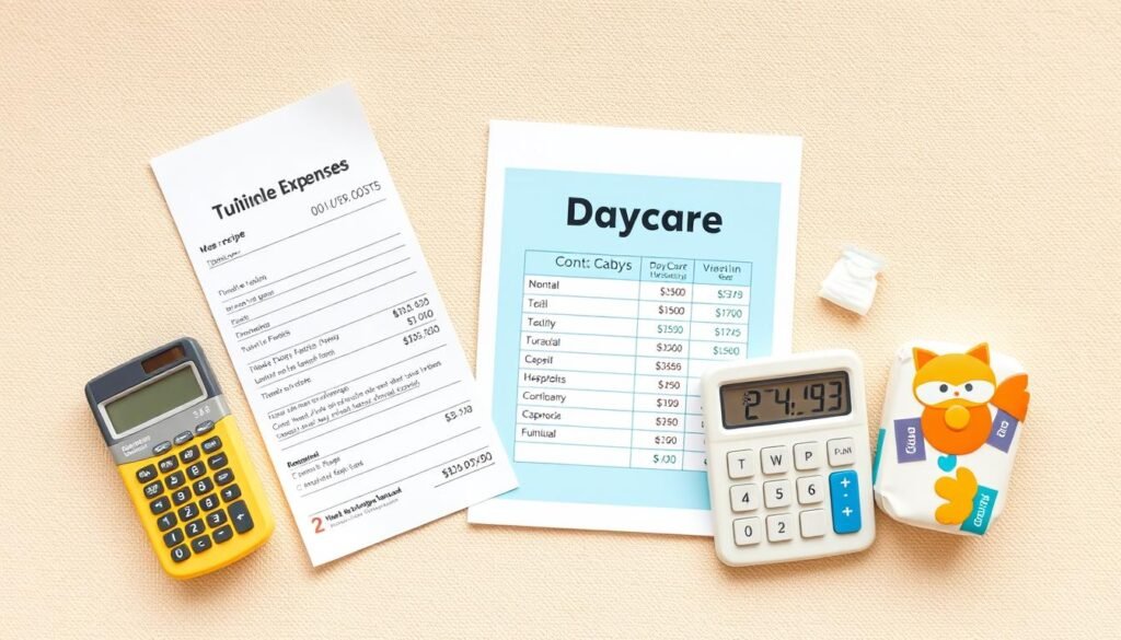 A well-lit, photorealistic image of various daycare-related expenses, including a monthly tuition receipt, a daycare facility guidebook, baby care necessities like diapers and formula, and a calculator displaying the total costs. The image has a clean, organized layout, with the items arranged on a neutral, textured background that enhances their visibility. The lighting is soft and diffused, creating a professional, informative atmosphere that aligns with the subject matter of the article section.