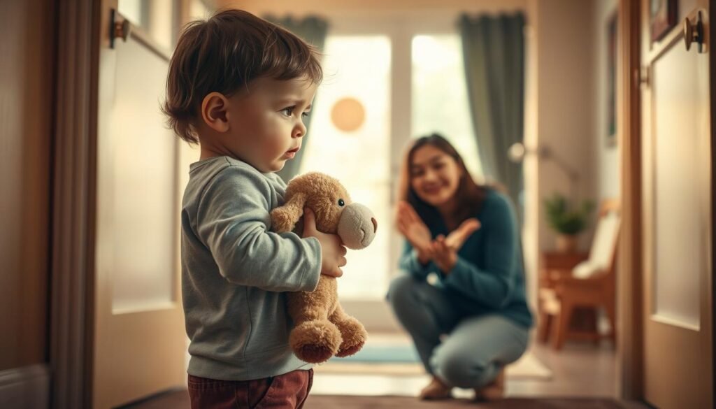 A young child clutching a beloved stuffed animal, standing at the entrance of a cozy daycare facility. Soft, natural lighting filters through the windows, casting a warm glow on the scene. The child's expression is one of anxious anticipation, their small fingers gripping the familiar toy tightly. In the middle ground, a caring daycare worker kneels down, offering a gentle smile and comforting gesture, ready to guide the child through the transition. The background blurs softly, suggesting a nurturing, supportive environment designed to ease the child's separation anxiety. An atmosphere of empathy and understanding pervades the space, conveying the notion of a safe haven for the child's emotional well-being.