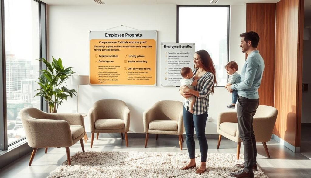 An airy, well-lit office interior with a plush rug, comfortable chairs, and a large window overlooking a bustling city. In the foreground, a smiling HR representative discusses employee benefits with a young parent holding a toddler. Behind them, a bulletin board displays information on the company's comprehensive childcare assistance program, including subsidies, on-site daycare, and flexible scheduling. The scene conveys a sense of support, work-life balance, and a family-friendly corporate culture.