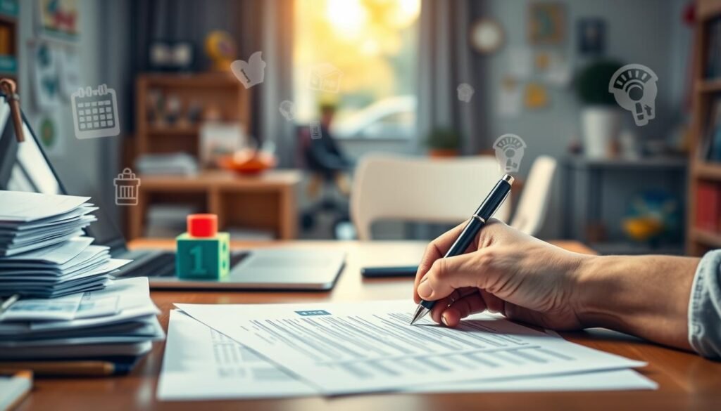 An office desk with a stack of paperwork, a laptop, and a pen, surrounded by a warm, natural lighting. In the foreground, a caring adult's hand signing a form, representing the application process. In the middle ground, various daycare-related icons like a toy block, a stroller, and a calendar. The background features a blurred image of a daycare facility, conveying the context of the application. The overall scene exudes a sense of professionalism, organization, and the importance of providing quality childcare.