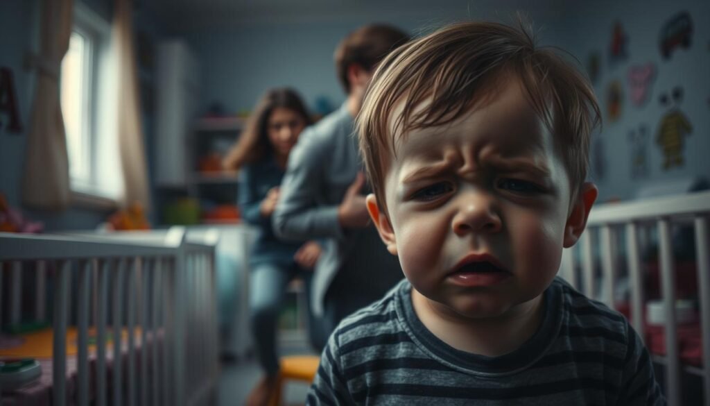 Daycare drawbacks for families: a dimly lit nursery, with a child crying in the foreground, their face strained and desperate. In the middle ground, a frazzled parent rushes to console them, exhaustion etched on their features. The background is blurred, hinting at the chaos of a bustling daycare, the cacophony of voices and the clutter of toys. The mood is somber, a sense of overwhelm and the weight of difficult decisions. Soft, muted tones convey the gravity of the situation, while strategic use of depth of field draws the viewer's eye to the central emotional narrative.