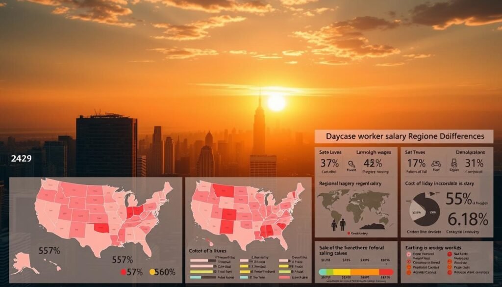 Daycare worker salary regional differences. A panoramic cityscape against a golden sunset sky, with skyscrapers and office buildings in the background. In the foreground, a grid of state maps with varying salary levels displayed through a color-coded heat map. The maps are surrounded by detailed infographics showcasing cost of living, demographic data, and other key factors influencing daycare worker wages across different regions. The scene is illuminated by warm, soft lighting, creating a contemplative, data-driven atmosphere to illustrate the nuanced economic landscape of the daycare industry.