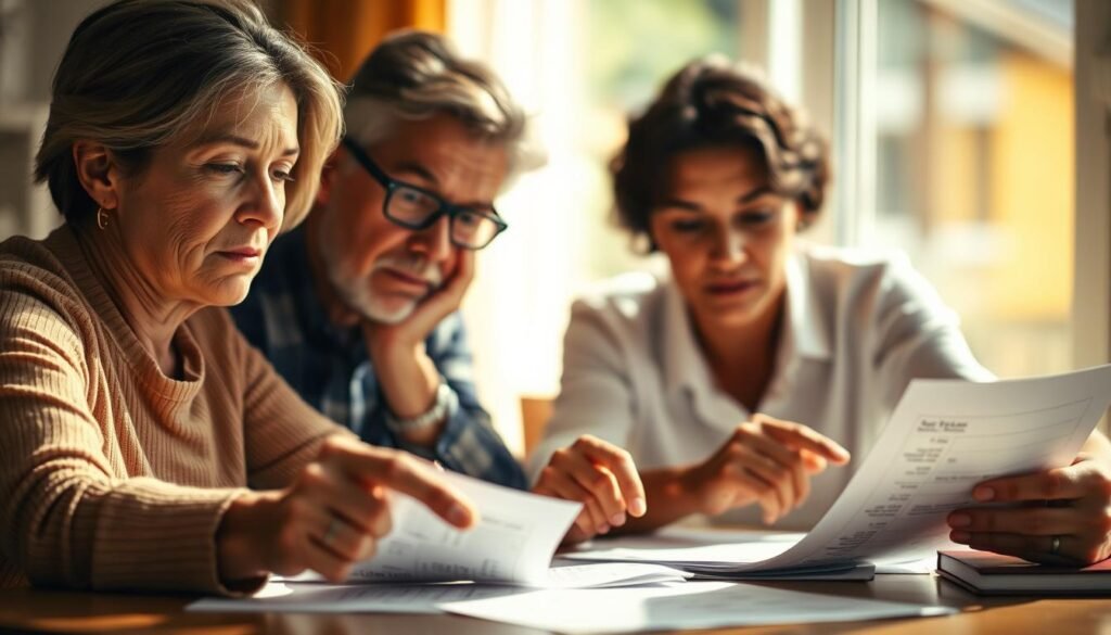 Divorced parents, seated at a table, discussing child care expenses. Warm, natural lighting illuminates their serious expressions as they review financial documents. The foreground features their hands pointing to figures, while the middle ground captures their pensive gazes. The background blurs, hinting at the complexity and emotional weight of their situation. The scene conveys a sense of determination to navigate the intricacies of dependent care eligibility, reflecting the challenges faced by divorced parents.