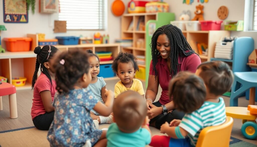 Florida daycare provider interacting with children in a licensed facility