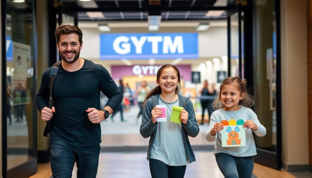 Happy family leaving a gym together after workout and childcare