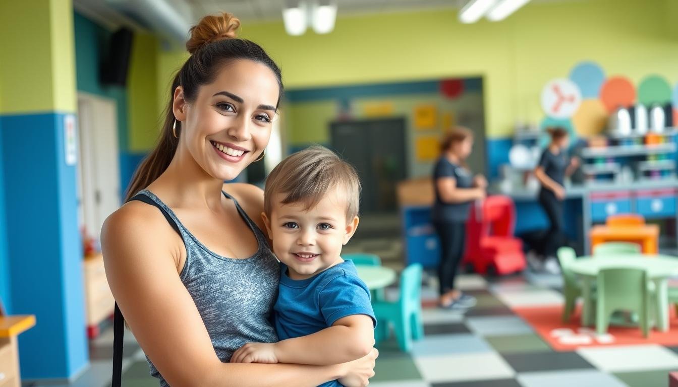 Mother dropping off child at gym daycare service while preparing to work out