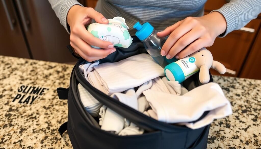 Parent packing a gym daycare bag with essentials for child