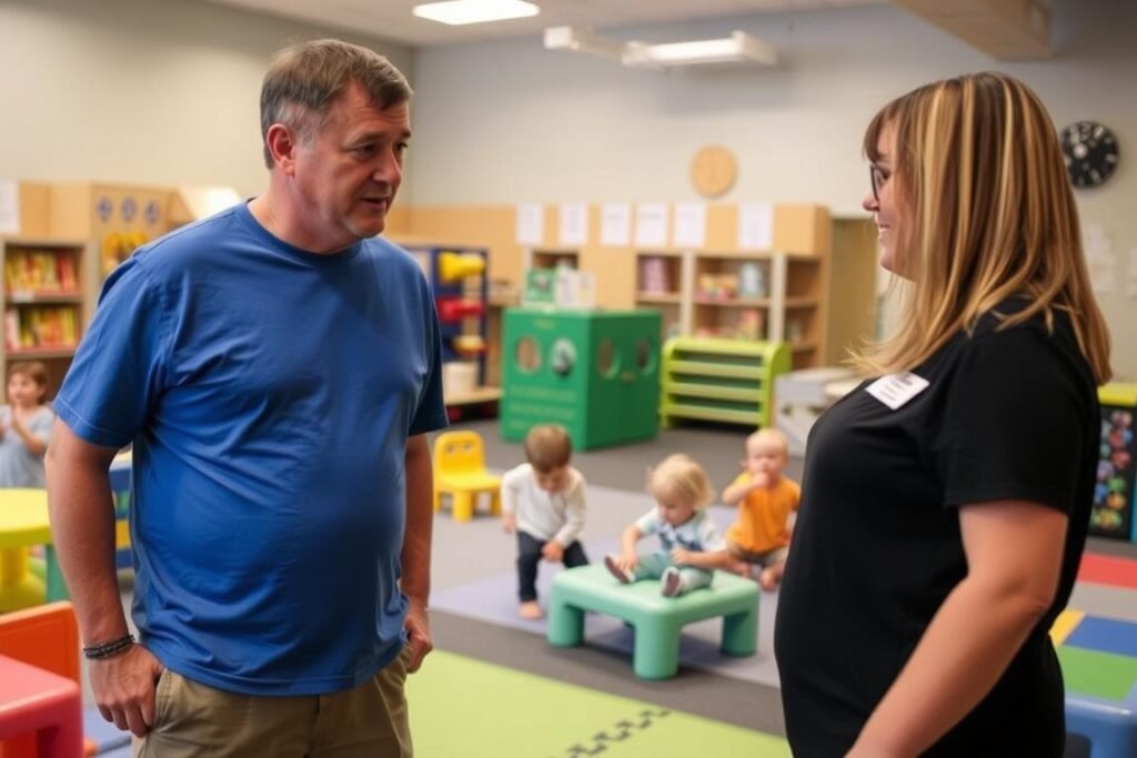 Parent touring a gym daycare facility with staff member