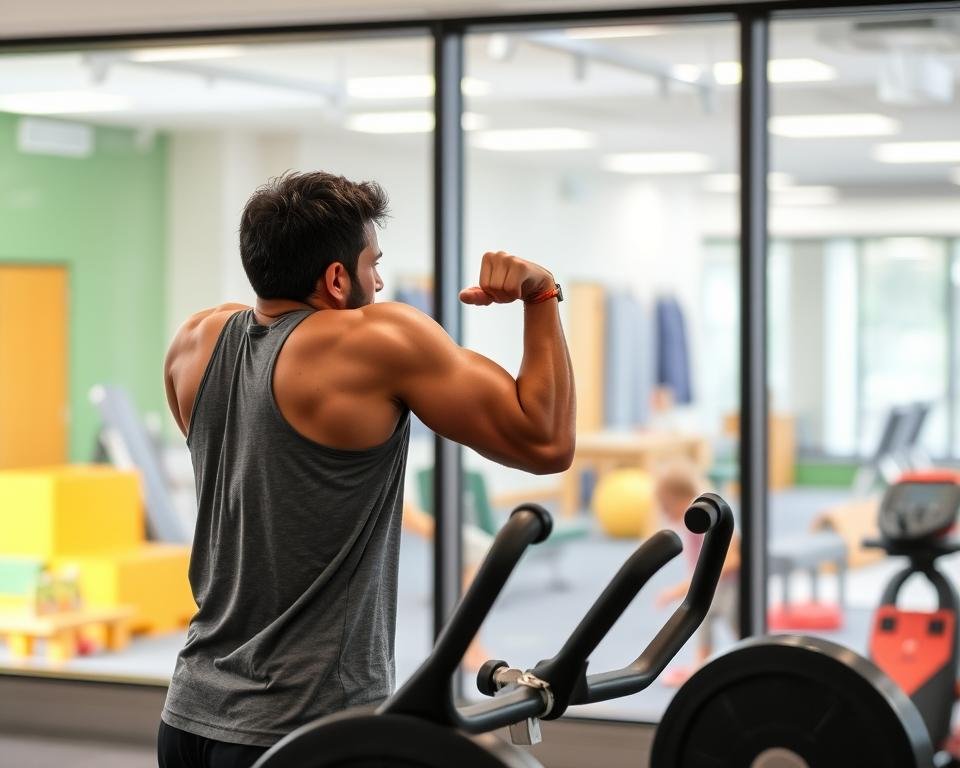 Parent working out while watching child in gym daycare through viewing window