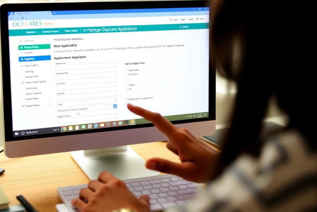 Person completing the online Florida daycare license application on computer