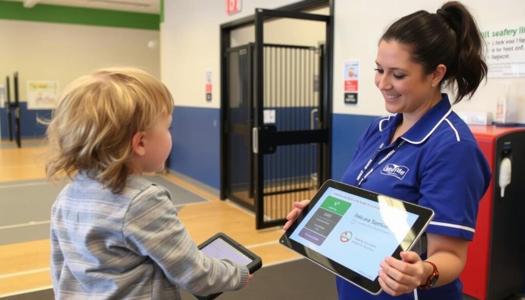 Staff member checking in a child at a gym daycare service with digital system