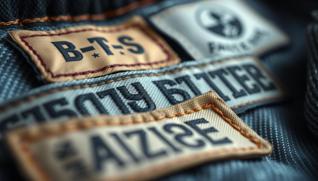 a detailed, photorealistic image of several durable clothing labels in a well-lit, close-up scene. The labels are made of high-quality, fade-resistant materials like woven fabric, leather, or rubber. They feature bold, legible text and distinctive graphic designs. The labels are slightly scuffed and worn, suggesting they have withstood multiple washes. The overall composition highlights the durability and longevity of the labels, emphasizing their ability to maintain their visual appeal even after repeated use. The image is shot from a low angle using a macro lens to capture the fine textures and intricate details of the labels.