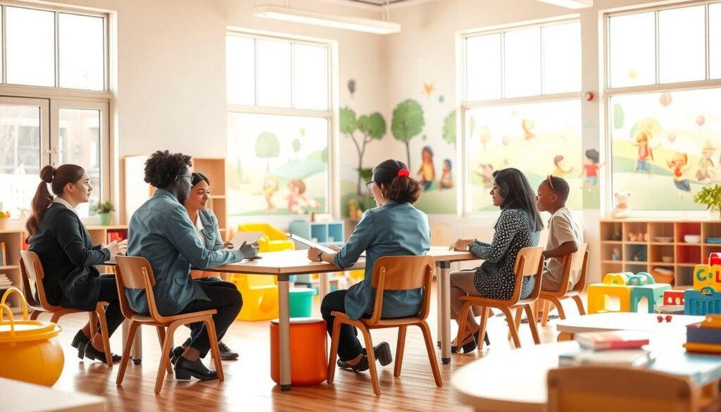 A bright, airy daycare center interior with warm natural lighting filtering through large windows. In the foreground, a group of diverse childcare professionals engaged in a screening interview process - sitting at a table, reviewing documents, and exchanging thoughtful expressions. The middle ground showcases educational toys, learning materials, and cozy child-sized furniture, conveying a nurturing, welcoming atmosphere. In the background, a colorful mural depicting playful scenes of children at play creates a cheerful, inspirational backdrop. The overall scene exudes professionalism, care, and a deep commitment to ensuring the safety and well-being of young children.