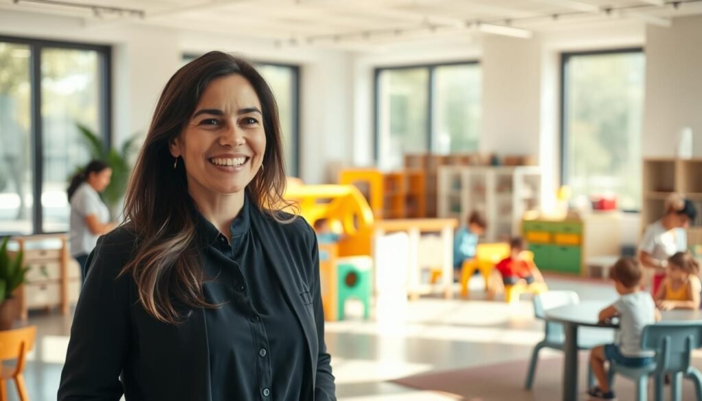 A bright, airy office setting. In the foreground, a smiling woman speaking with a coworker, both expressing enthusiasm. The background features a daycare play area, with children engaged in various activities supervised by attentive caregivers. Warm, natural lighting filters through large windows, creating a welcoming atmosphere. The scene conveys a sense of work-life balance, where employer-sponsored child care benefits enable parents to focus on their careers while their children receive quality care.